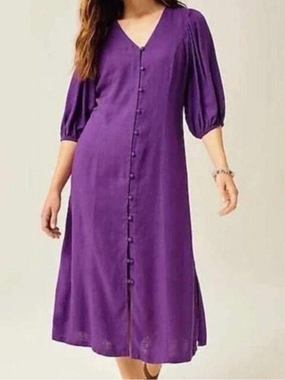 J. Jill Purple Linen Blend Dress Puff Sleeve Midi Size 3X Button Front V-neck